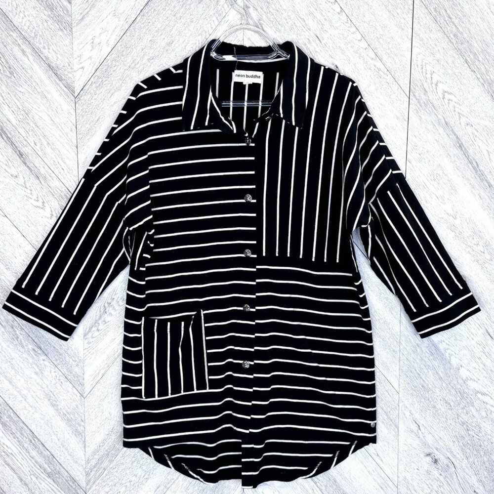 Neon Buddha Liberty Shirt Womens Medium Black Opposite Stripe Lagenlook Top